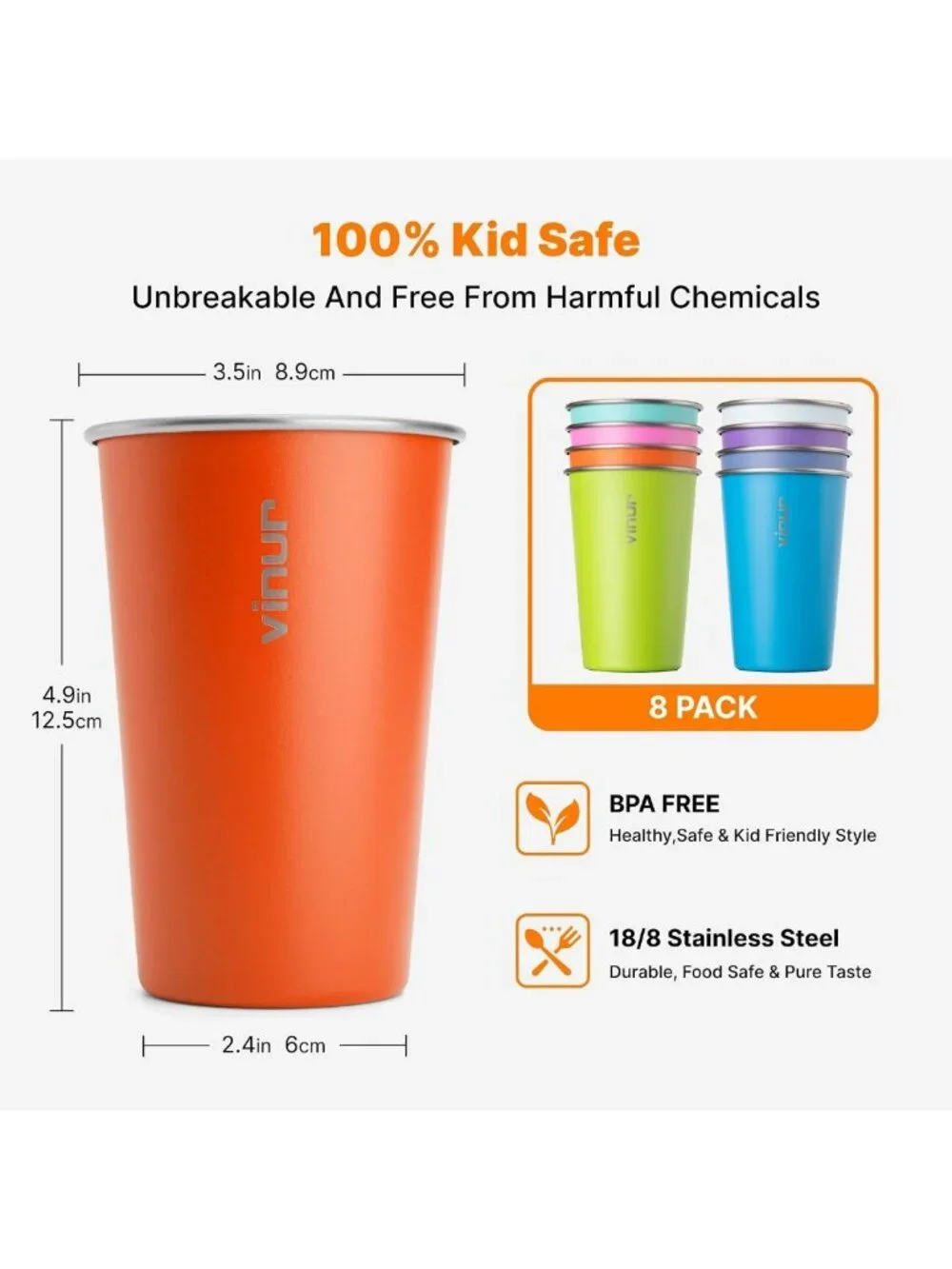 Colorful 16 oz Stainless Steel Stackable Drinking Glasses - Set of 8 Metal Cups